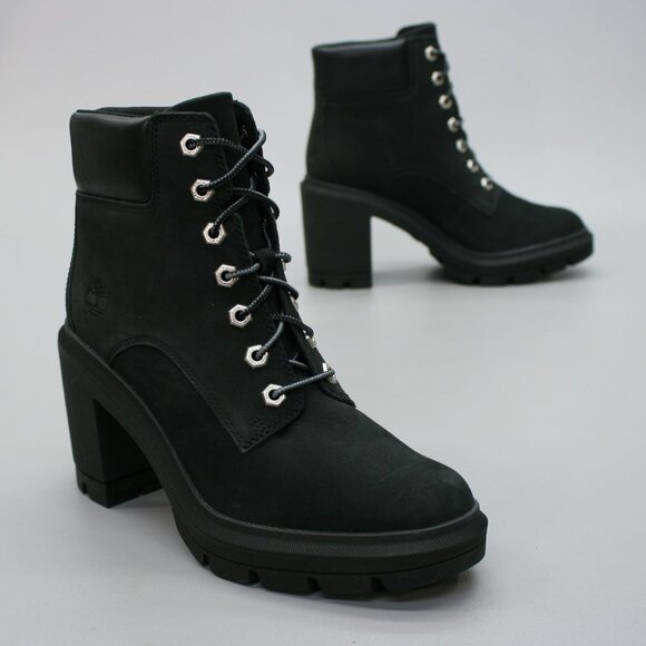 Timberland Ladies 8.5 Allington Heights 6" Black Nubuck Heels Ankle Boots A5Y6C - Picture 1 of 12